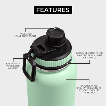 Green stainless steel water bottle features