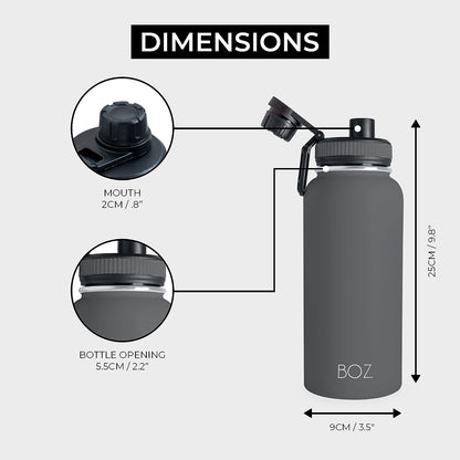 Grey stainless steel water bottle dimensions