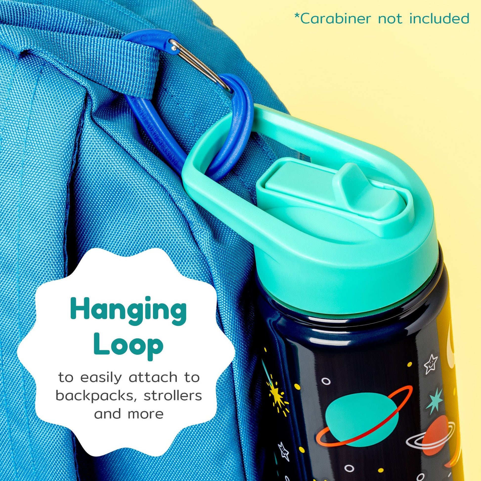 Space kids water bottle with hanging loop