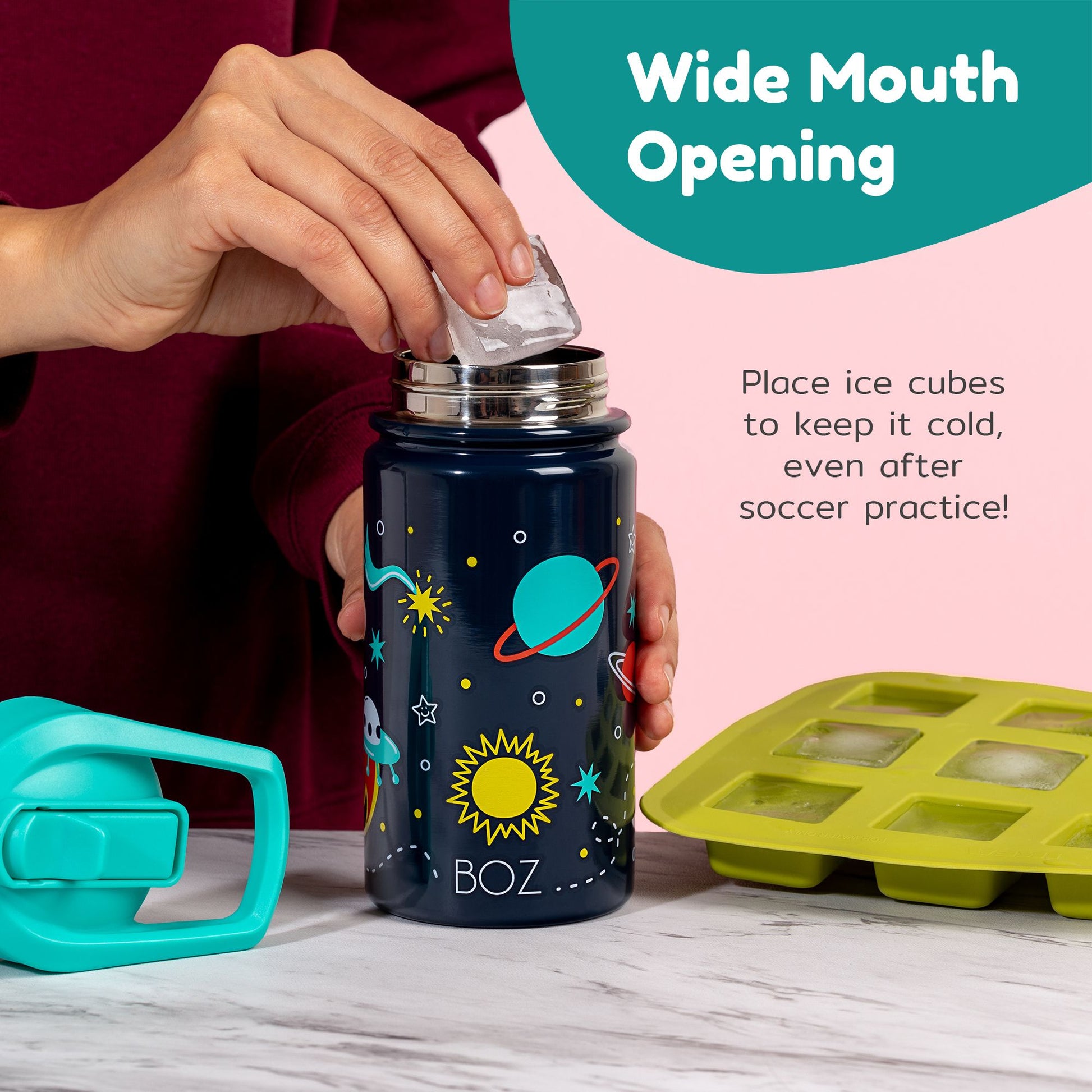 Space kids water bottle with wide mouth opening