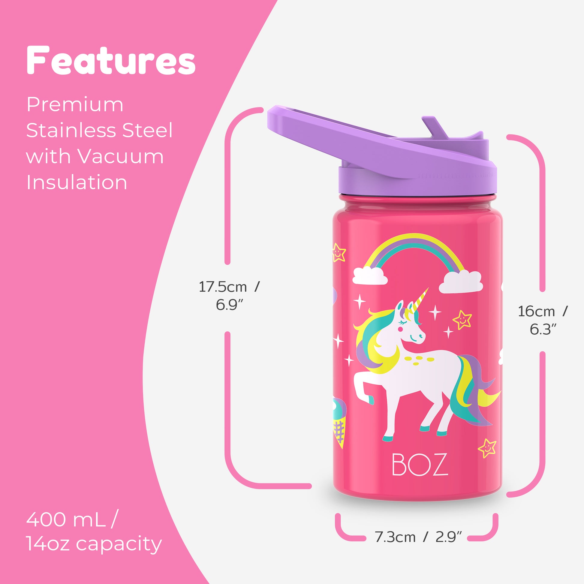 Unicorn kids insulated water bottle features