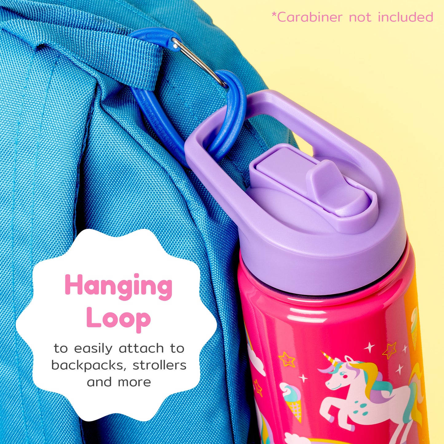 Unicorn kids water bottle with hanging loop