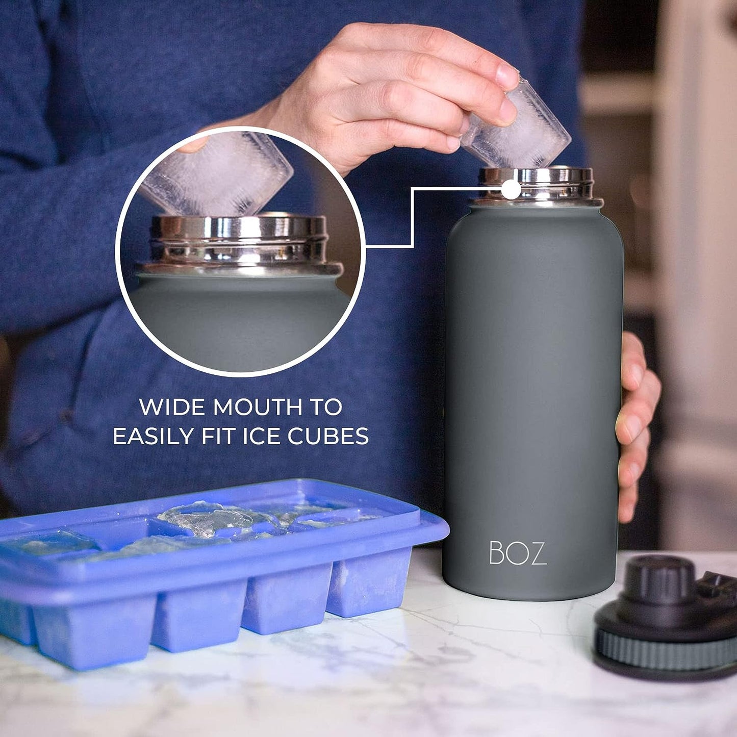 Wide mouth water bottle for ice