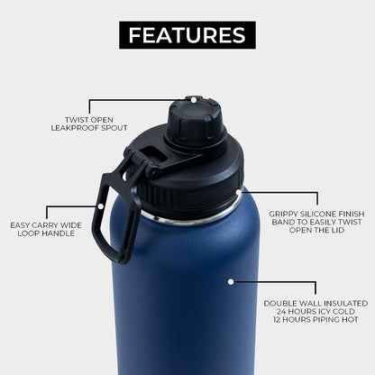 blue stainless steel water bottle features