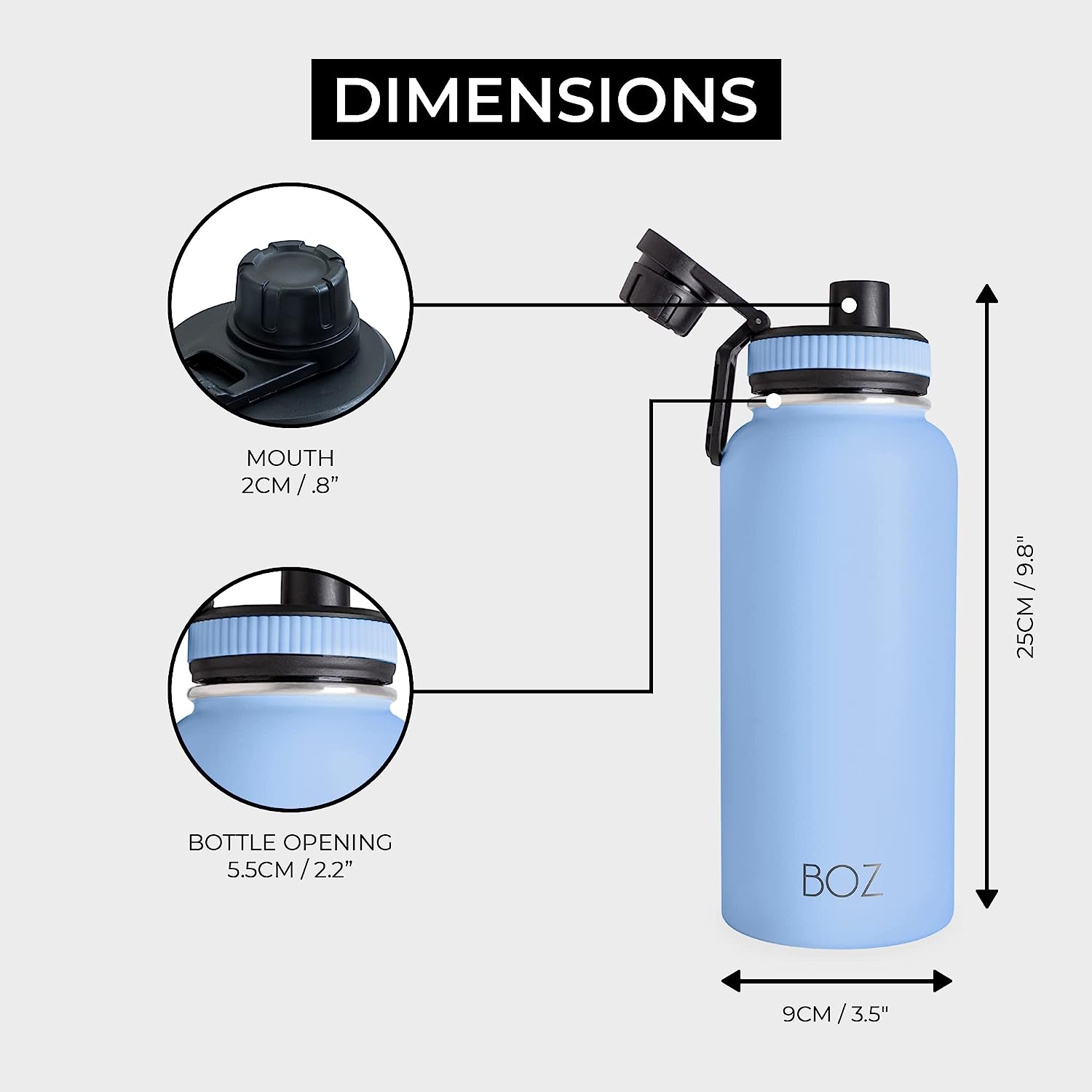 light blue stainless steel water bottle dimensions